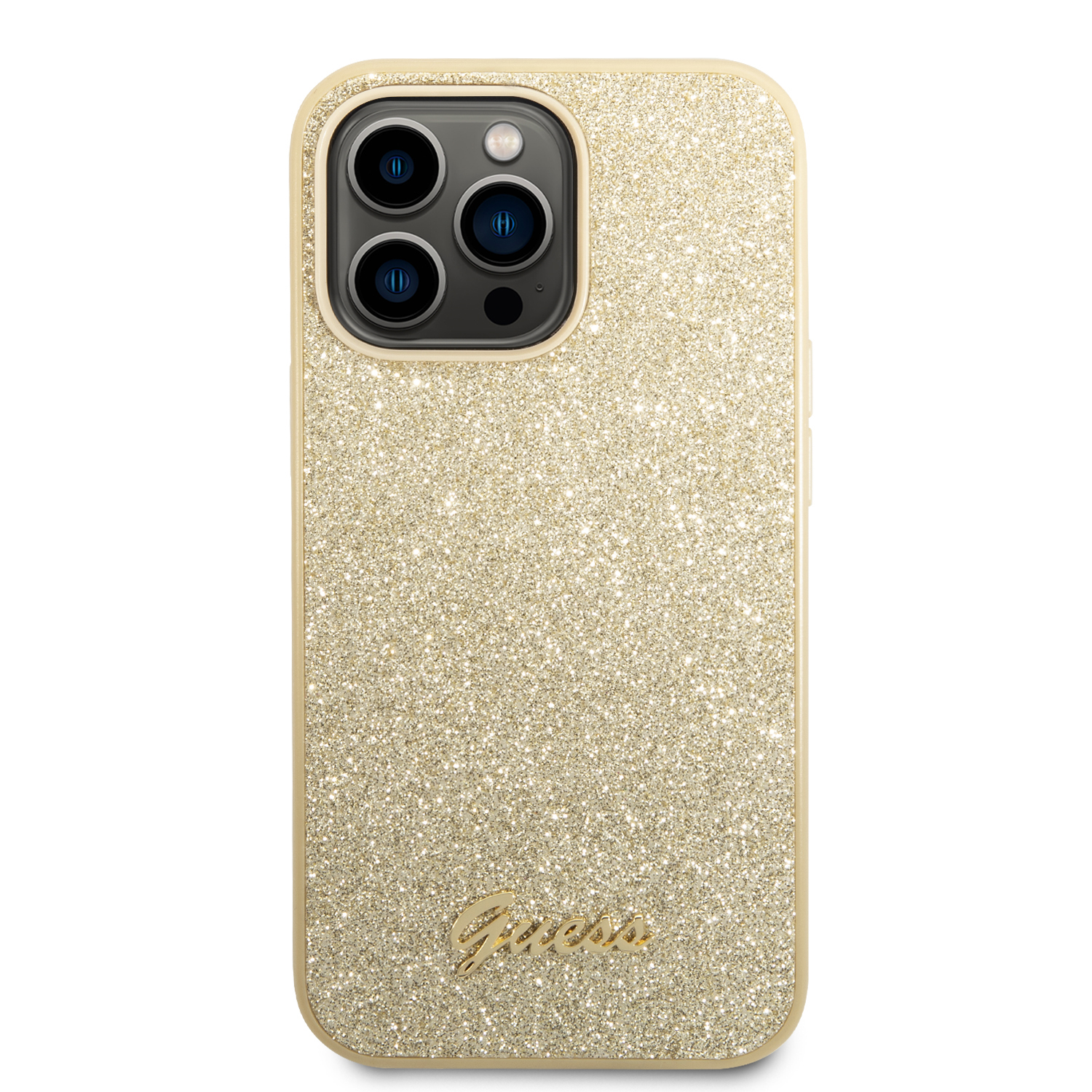 Guess GUHCP14LHGGSHD Apple iPhone 14 Pro 6,1″ auksinis kietas dėklas Glitter Script aprašymas - Prekės nuotrauka