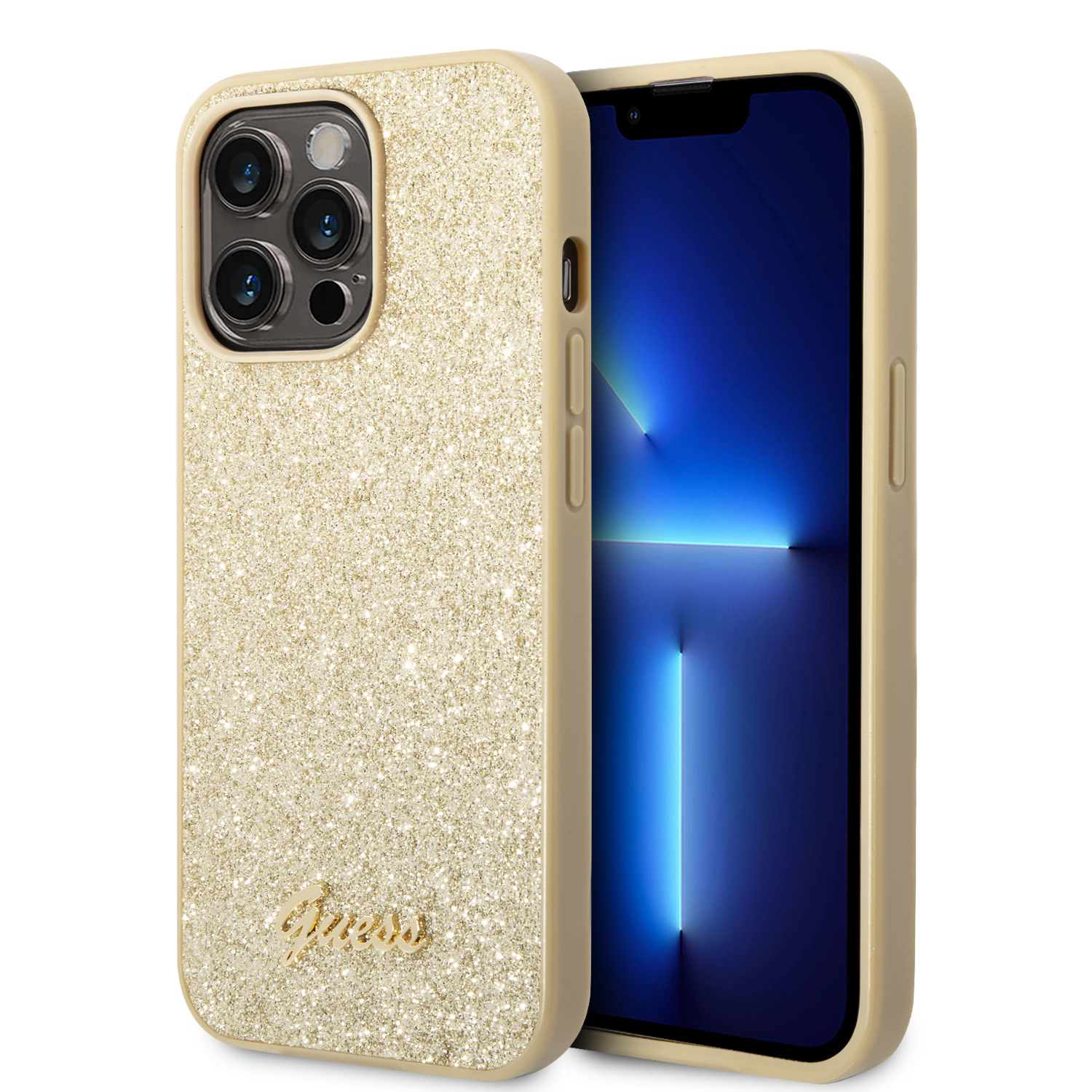 Guess GUHCP14LHGGSHD Apple iPhone 14 Pro 6,1″ auksinis kietas dėklas Glitter Script aprašymas - Prekės nuotrauka
