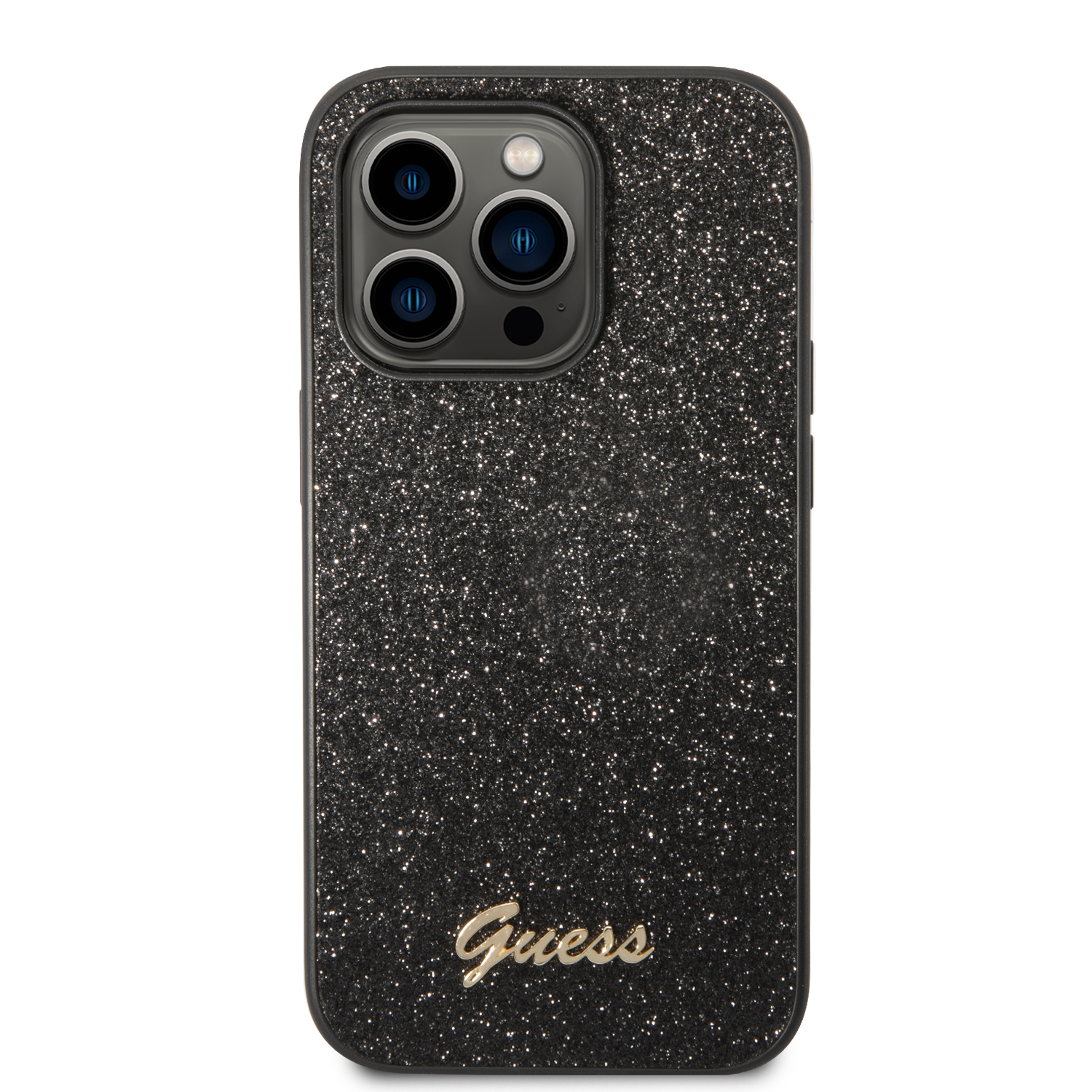 Guess GUHCP14LHGGSHK Apple iPhone 14 Pro 6,1″ juodos spalvos kietas dėklas Glitter Script aprašymas - Prekės nuotrauka