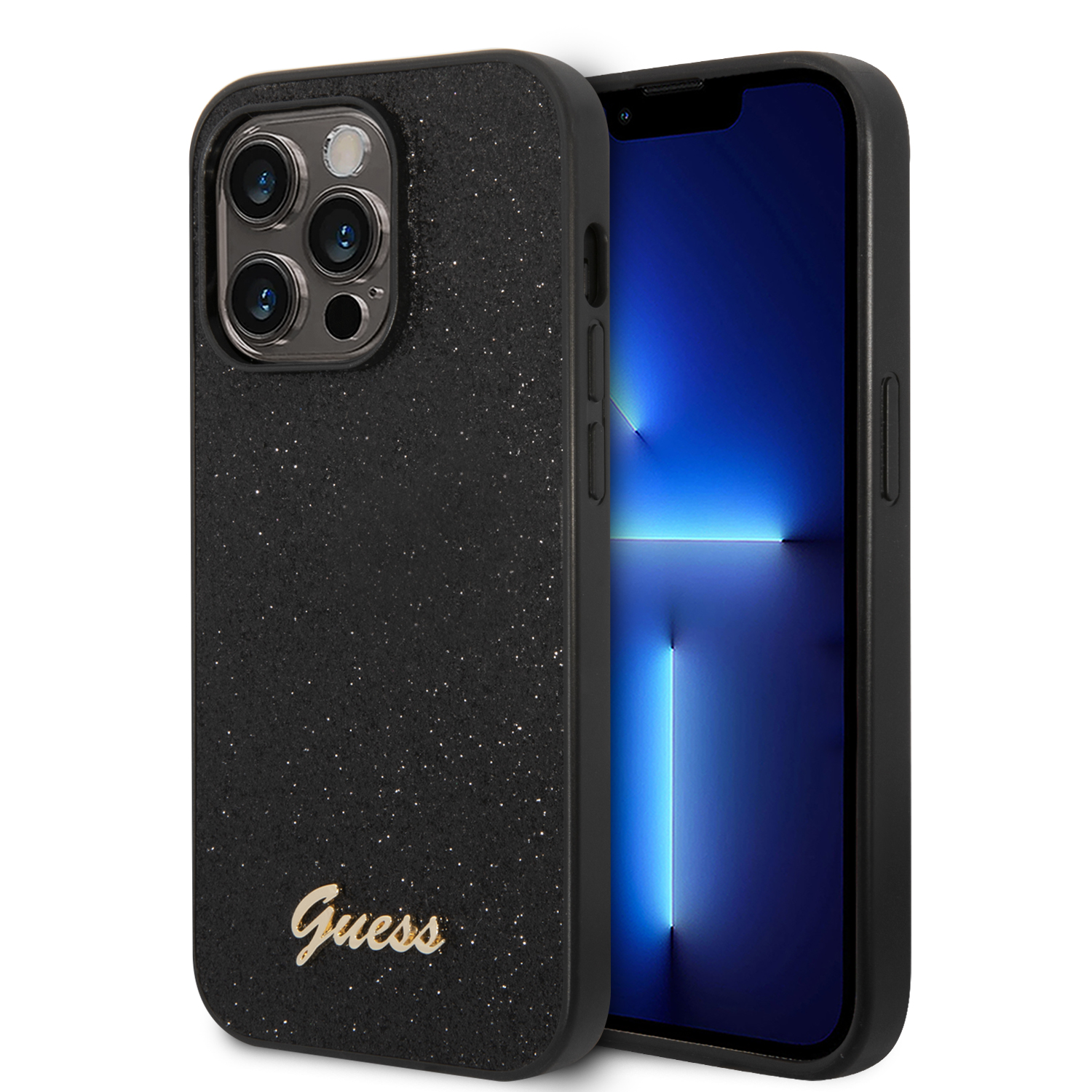 Guess GUHCP14LHGGSHK Apple iPhone 14 Pro 6,1″ juodos spalvos kietas dėklas Glitter Script aprašymas - Prekės nuotrauka