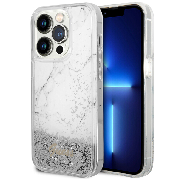 Guess GUHCP14LLCSGSGH Apple iPhone 14 Pro 6.1″ baltos spalvos kietas dėklas Liquid Glitter Marble aprašymas - Prekės nuotrauka