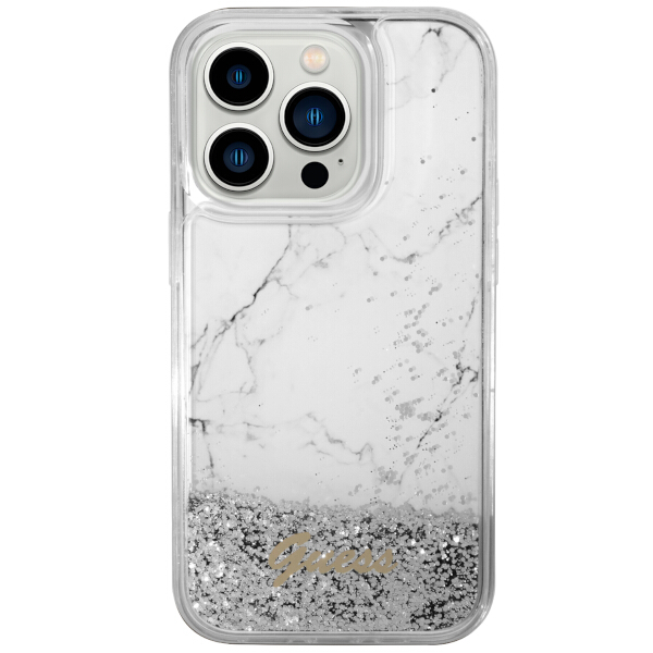 Guess GUHCP14LLCSGSGH Apple iPhone 14 Pro 6.1″ baltos spalvos kietas dėklas Liquid Glitter Marble aprašymas - Prekės nuotrauka