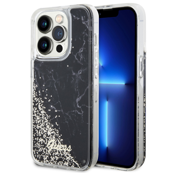 Guess GUHCP14LLCSGSGK Apple iPhone 14 Pro 6.1″ juodos spalvos kietas dėklas Liquid Glitter Marble aprašymas - Prekės nuotrauka