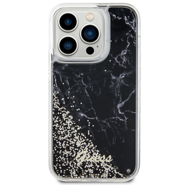 Guess GUHCP14LLCSGSGK Apple iPhone 14 Pro 6.1″ juodos spalvos kietas dėklas Liquid Glitter Marble aprašymas - Prekės nuotrauka