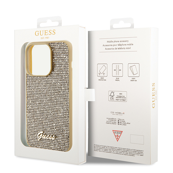 Guess GUHCP14LPMSDGSD Apple iPhone 14 Pro 6.1″ auksinis kietas dėklas Disco Metal Script aprašymas - Prekės nuotrauka