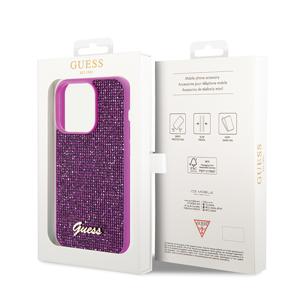 Guess GUHCP14LPMSDGSF iPhone 14 Pro 6.1″ fuksijos spalvos kietas dėklas Disco Metal Script aprašymas - Prekės nuotrauka
