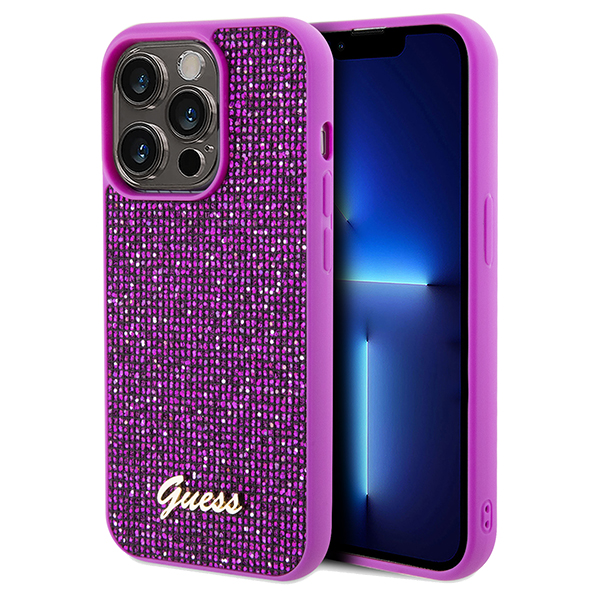 Guess GUHCP14LPMSDGSF iPhone 14 Pro 6.1″ fuksijos spalvos kietas dėklas Disco Metal Script aprašymas - Prekės nuotrauka