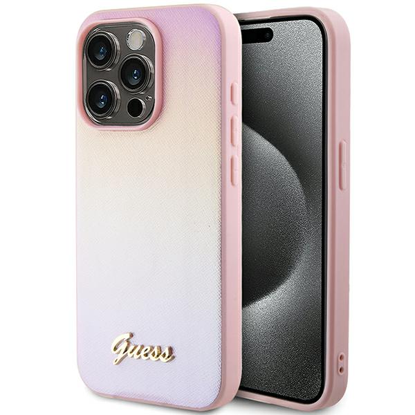 Guess GUHCP14LPSAIRSP iPhone 14 Pro 6.1″ rožinės spalvos kietas dėklas Saffiano Iridescent Script aprašymas - Prekės nuotrauka