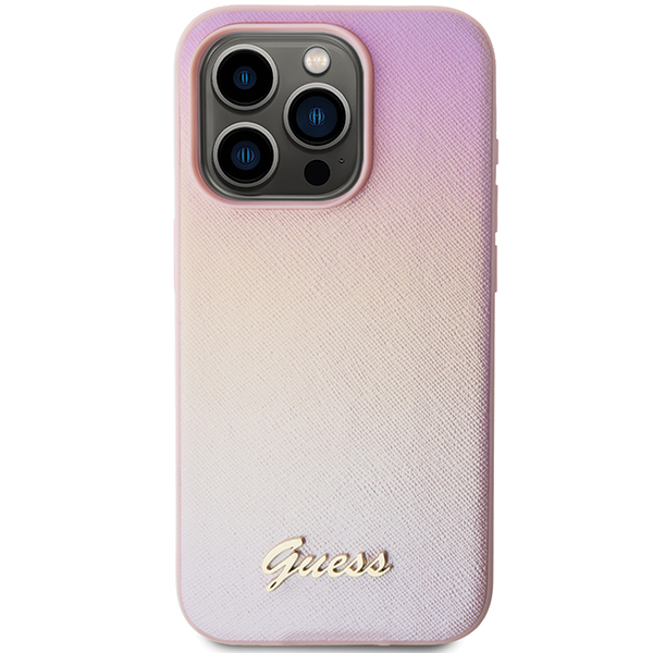 Guess GUHCP14LPSAIRSP iPhone 14 Pro 6.1″ rožinės spalvos kietas dėklas Saffiano Iridescent Script aprašymas - Prekės nuotrauka