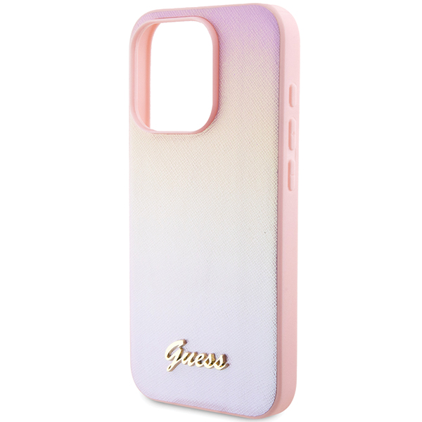 Guess GUHCP14LPSAIRSP iPhone 14 Pro 6.1″ rožinės spalvos kietas dėklas Saffiano Iridescent Script aprašymas - Prekės nuotrauka