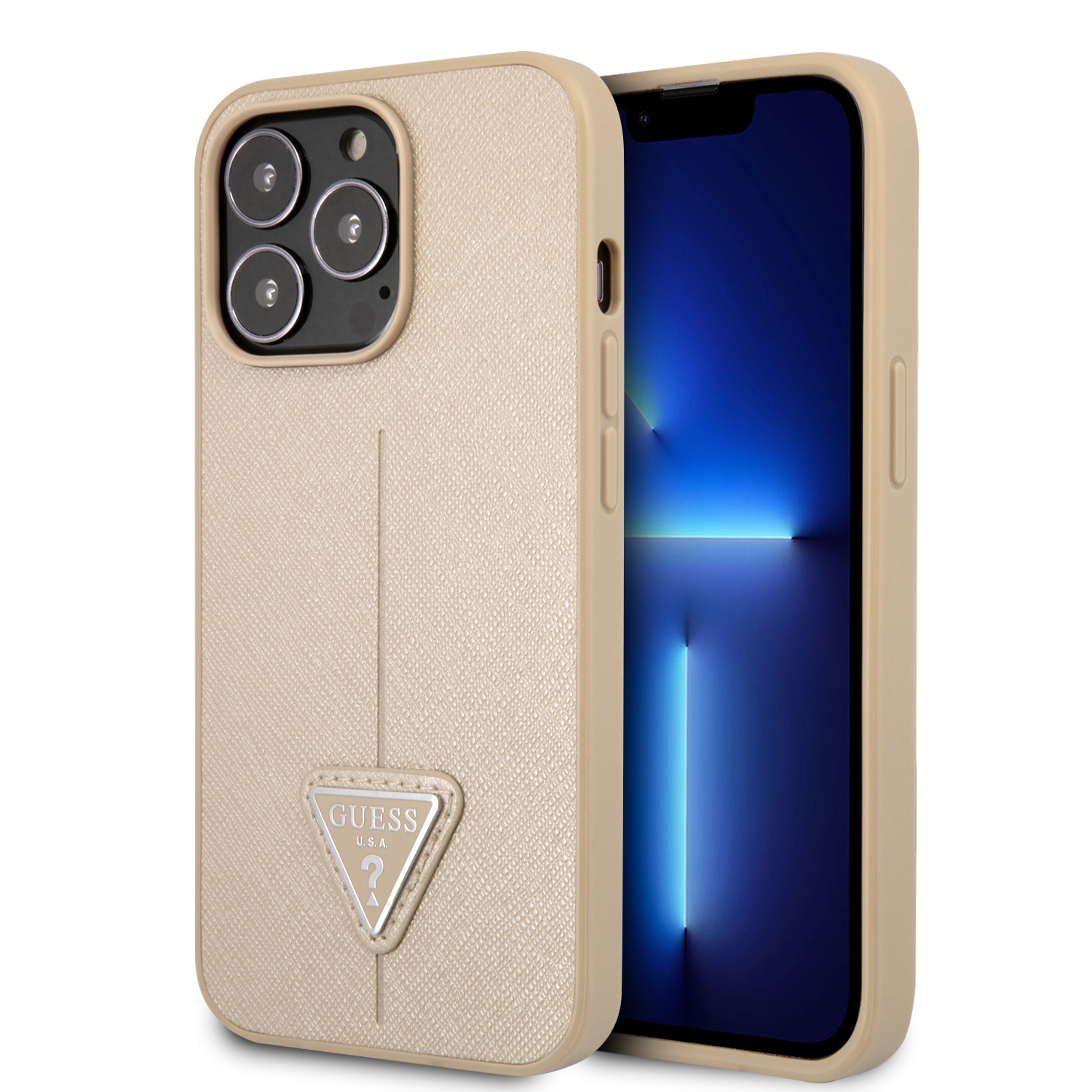 Guess GUHCP14LPSATLE iPhone 14 Pro 6,1″ smėlio spalvos kietas dėklas SaffianoTriangle Logo aprašymas - Prekės nuotrauka