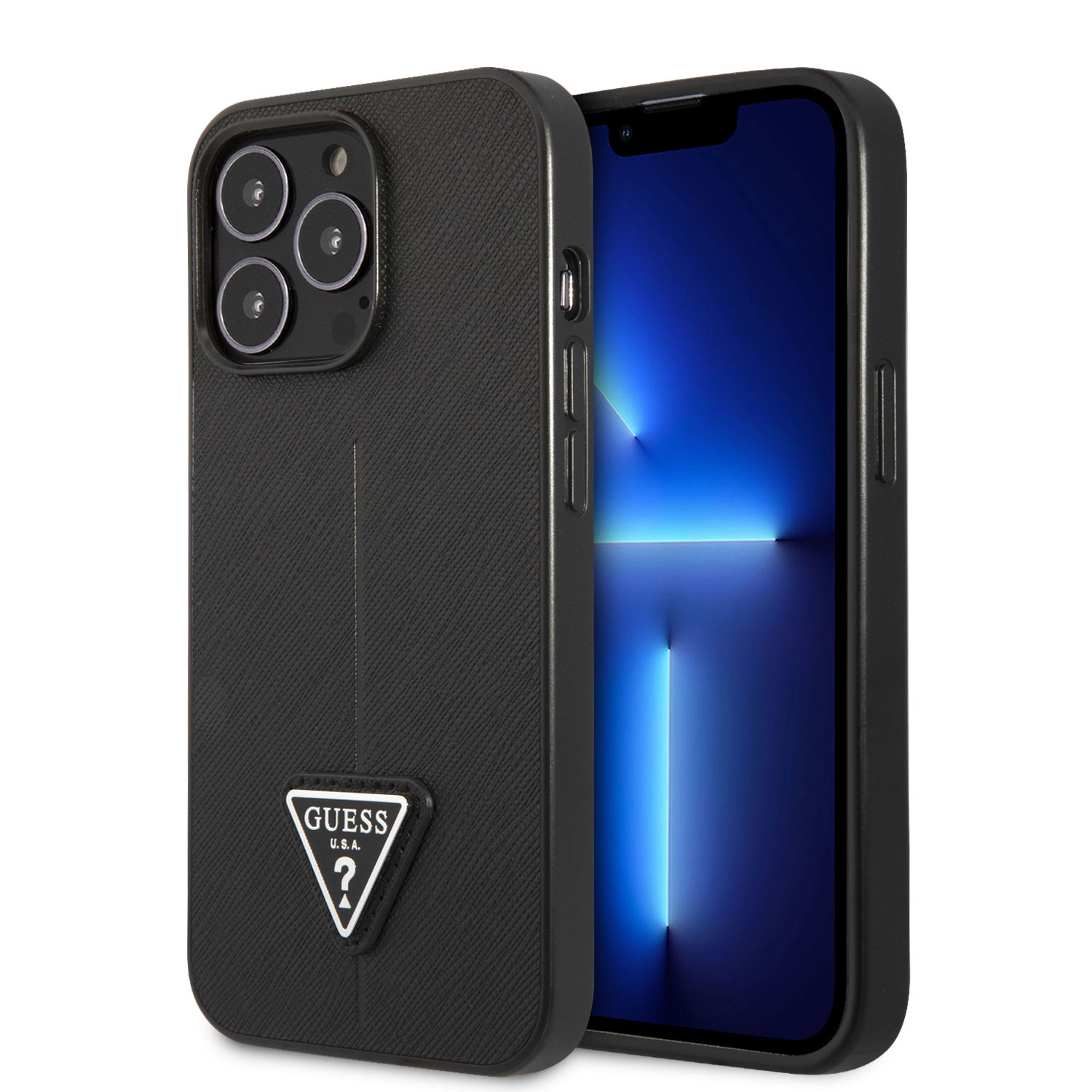 Guess GUHCP14LPSATLK Apple iPhone 14 Pro 6,1″ juodos spalvos kietas dėklas SaffianoTriangle Logo aprašymas - Prekės nuotrauka