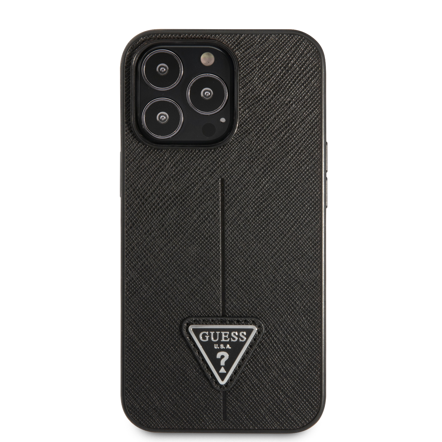 Guess GUHCP14LPSATLK Apple iPhone 14 Pro 6,1″ juodos spalvos kietas dėklas SaffianoTriangle Logo aprašymas - Prekės nuotrauka