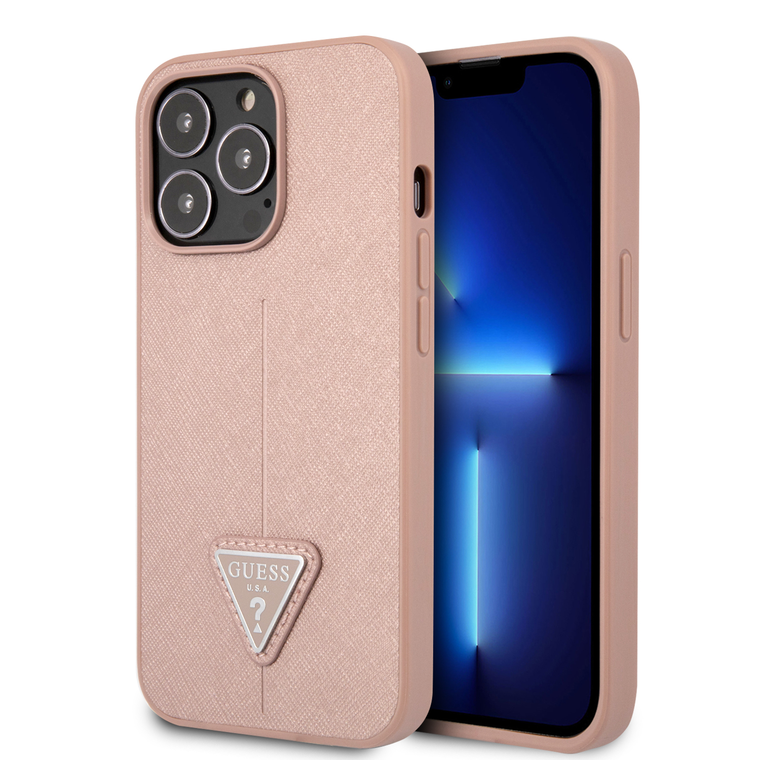 Guess GUHCP14LPSATLP iPhone 14 Pro 6,1″ rožinės spalvos kietas dėklas SaffianoTriangle Logo aprašymas - Prekės nuotrauka