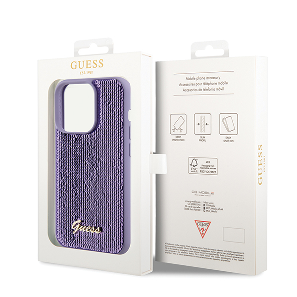 Guess GUHCP14LPSFDGSU iPhone 14 Pro 6.1″ violetinės spalvos kietas dėklas Sequin Script Metal aprašymas - Prekės nuotrauka