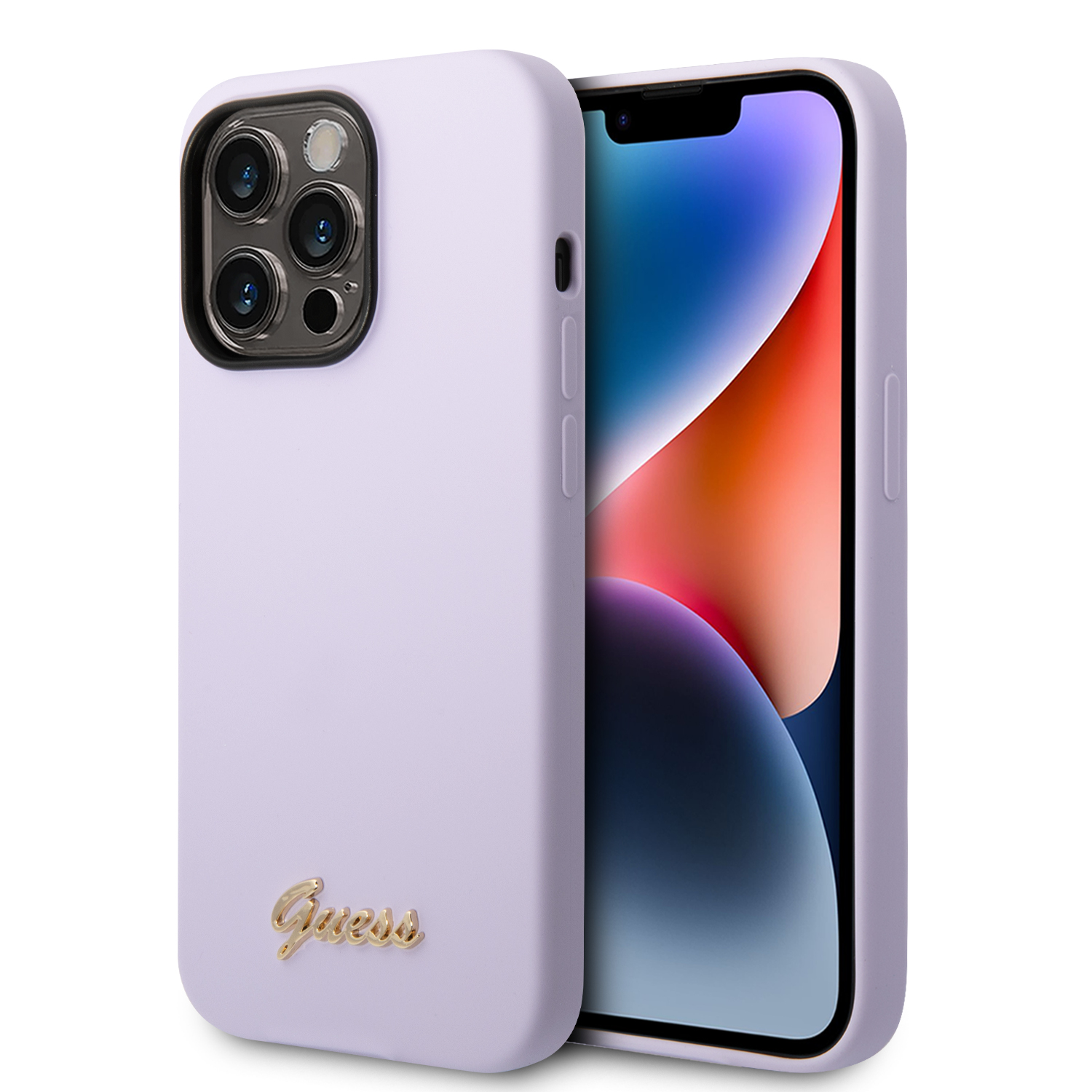 Guess GUHCP14LSLSMU Apple iPhone 14 Pro 6,1″ violetinės spalvos kietas dėklas Silicone Vintage Gold Logo aprašymas - Prekės nuotrauka
