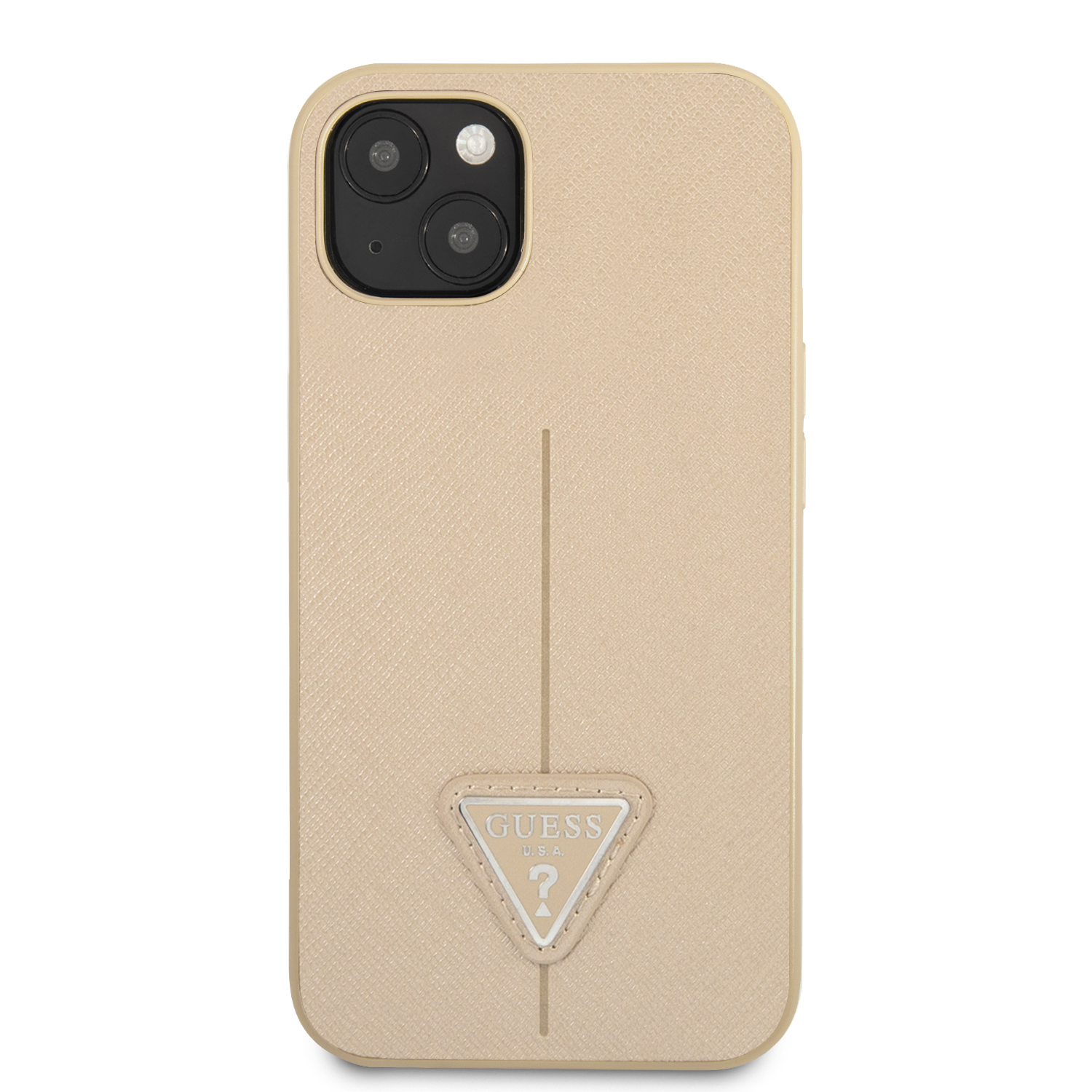 Guess GUHCP14MPSATLE Apple iPhone 14 Plus / 15 Plus 6.7″ beige kietas dėklas SaffianoTriangle Logo aprašymas - Prekės nuotrauka
