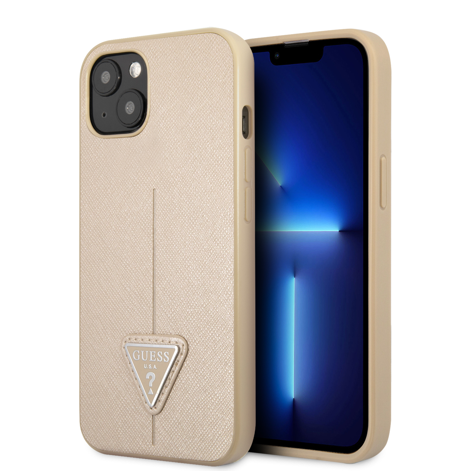 Guess GUHCP14MPSATLE Apple iPhone 14 Plus / 15 Plus 6.7″ beige kietas dėklas SaffianoTriangle Logo aprašymas - Prekės nuotrauka