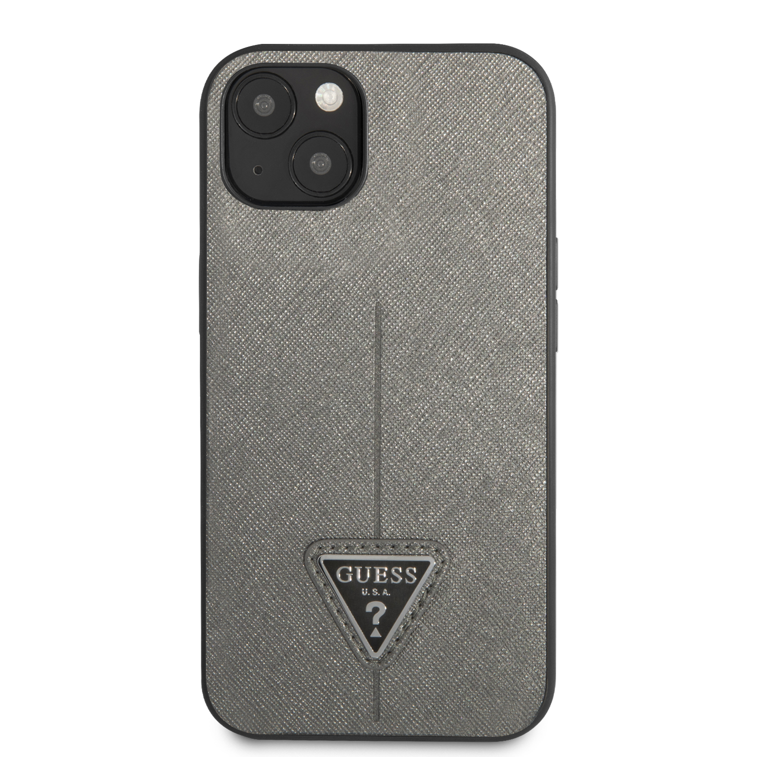 Guess GUHCP14MPSATLG Apple iPhone 14 Plus/ 15 Plus 6.7″ sidabrinis kietas dėklas SaffianoTriangle Logo aprašymas - Prekės nuotrauka