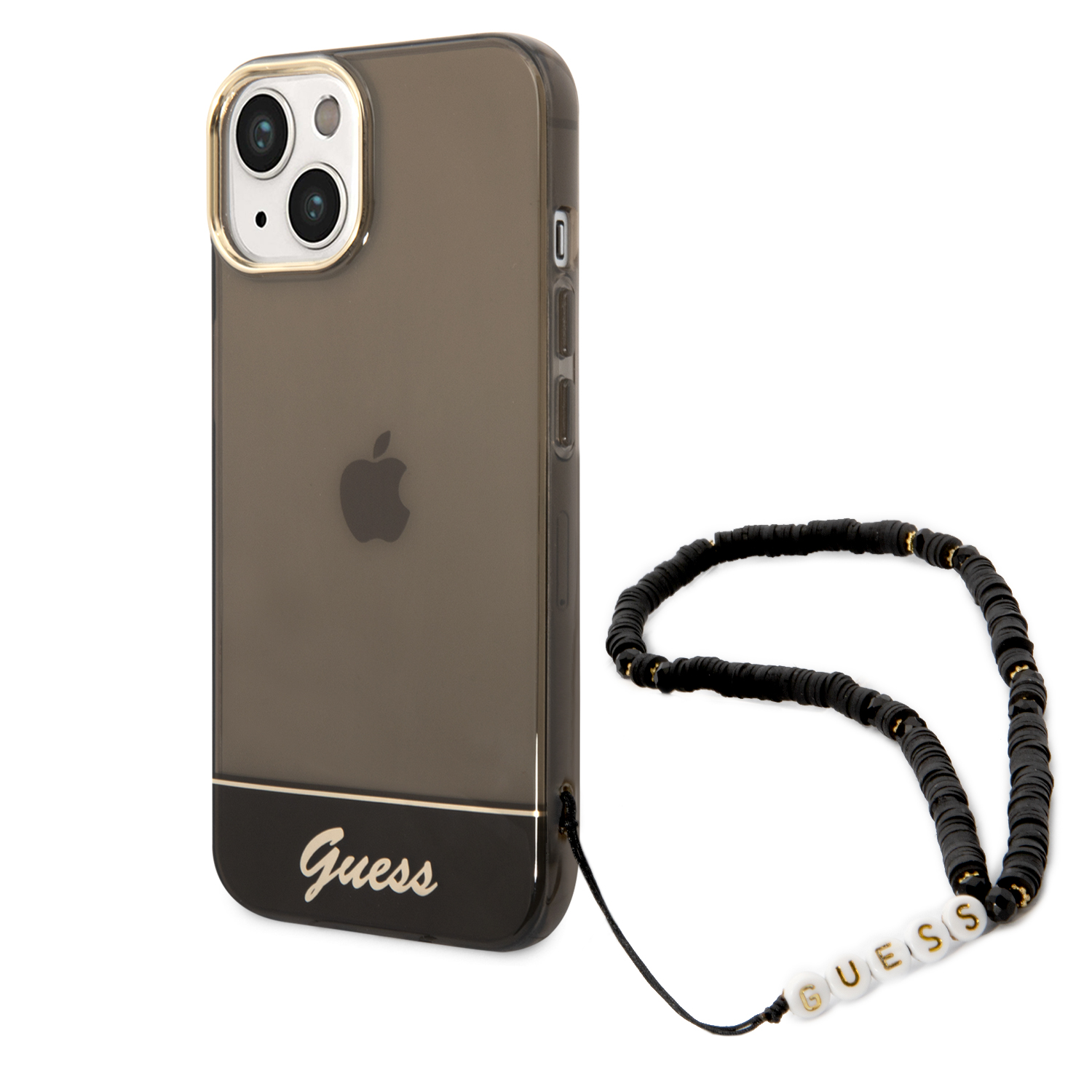Guess GUHCP14SHGCOHK iPhone 14 / 15 / 13 6.1″ juodos spalvos kietas dėklas Translucent Pearl Strap aprašymas - Prekės nuotrauka