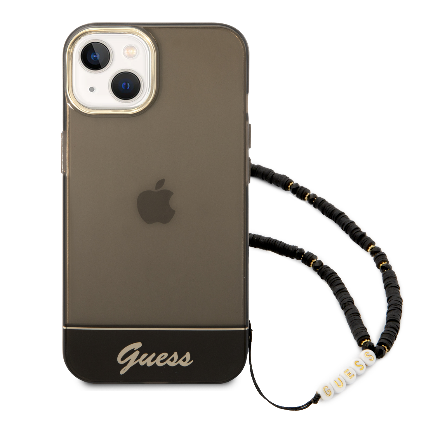Guess GUHCP14SHGCOHK iPhone 14 / 15 / 13 6.1″ juodos spalvos kietas dėklas Translucent Pearl Strap aprašymas - Prekės nuotrauka