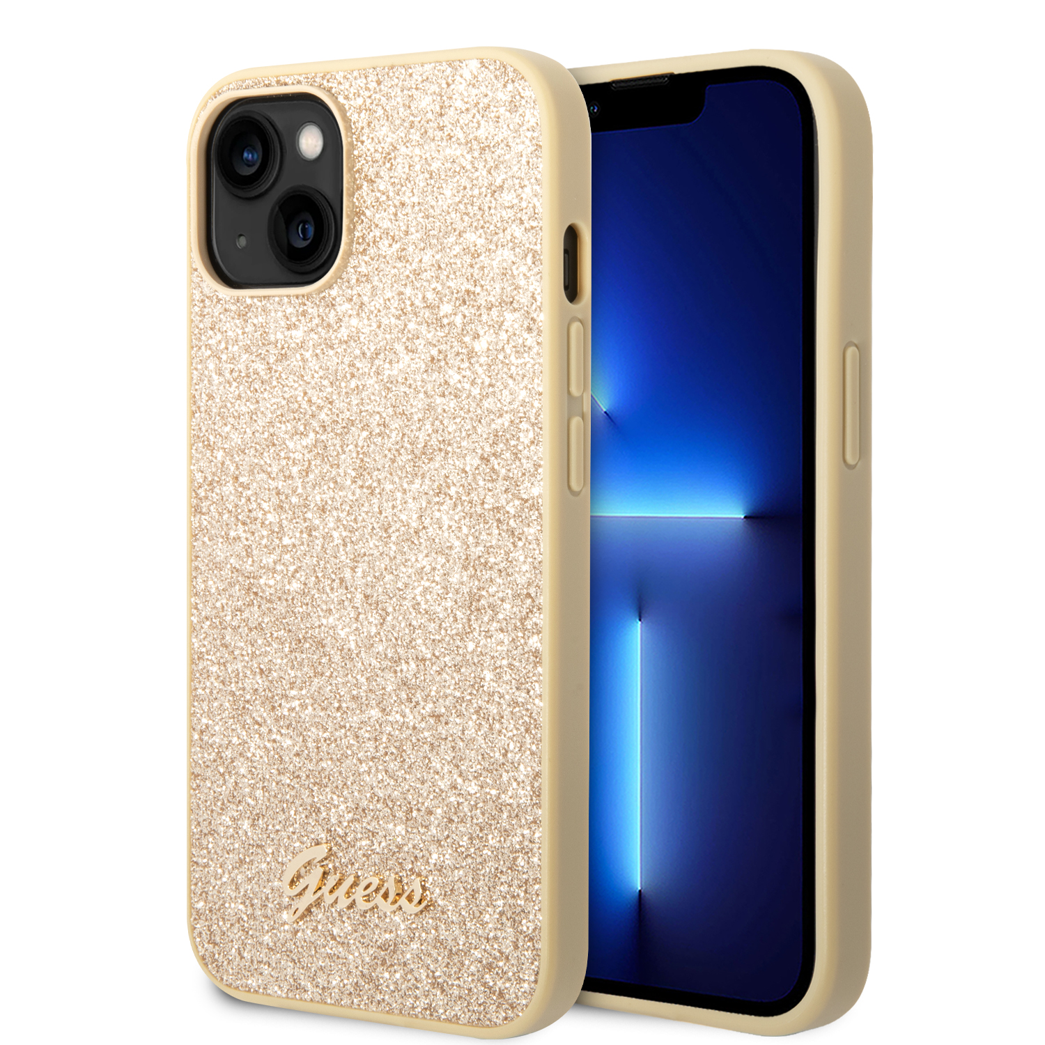 Guess GUHCP14SHGGSHD Apple iPhone 14 / 15 / 13 6.1″ auksinis kietas dėklas Glitter Script aprašymas - Prekės nuotrauka