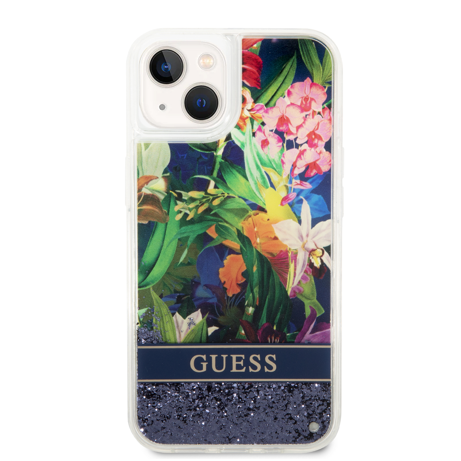 Guess GUHCP14SLFLSB Apple iPhone 14 / 15 / 13 6.1″ mėlynas kietas dėklas Flower Liquid Glitter aprašymas - Prekės nuotrauka