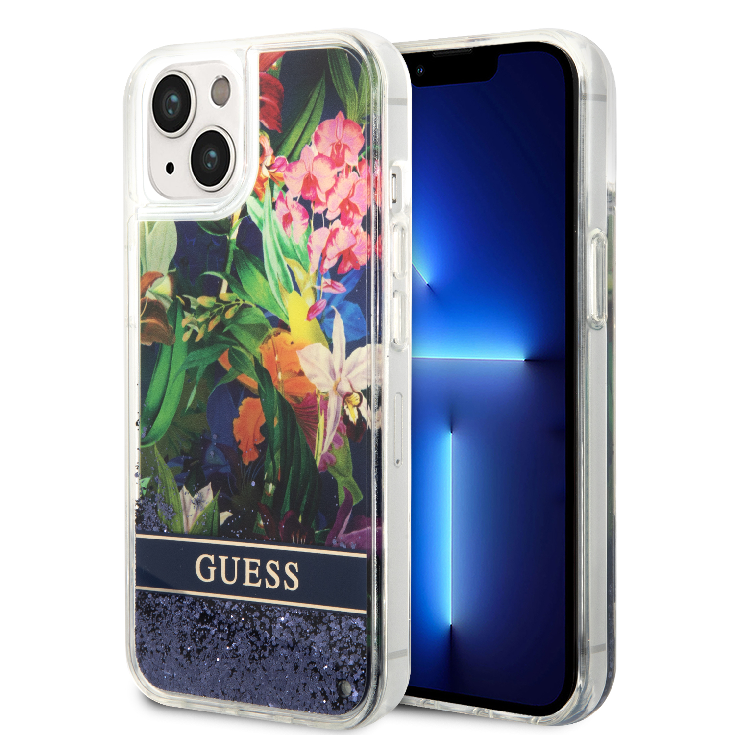Guess GUHCP14SLFLSB Apple iPhone 14 / 15 / 13 6.1″ mėlynas kietas dėklas Flower Liquid Glitter aprašymas - Prekės nuotrauka