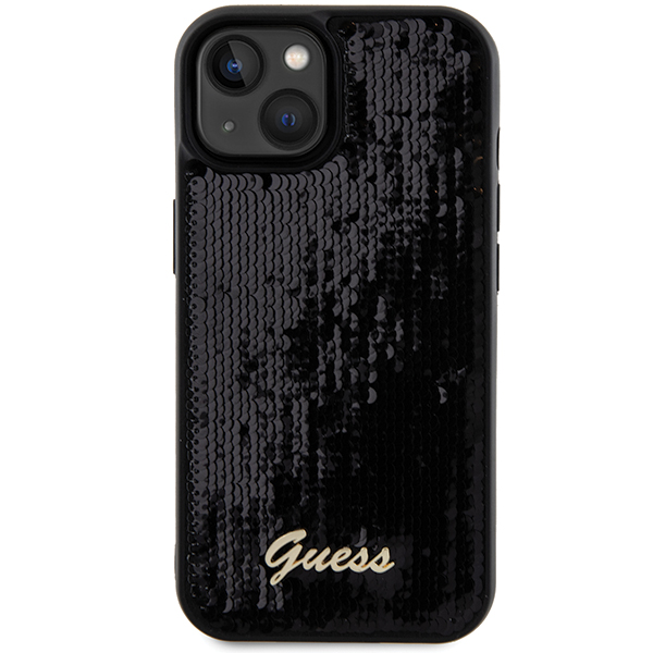 Guess GUHCP14SPSFDGSK Apple iPhone 14 / 15 / 13 6.1″ juodos spalvos kietas dėklas Sequin Script Metal aprašymas - Prekės nuotrauka