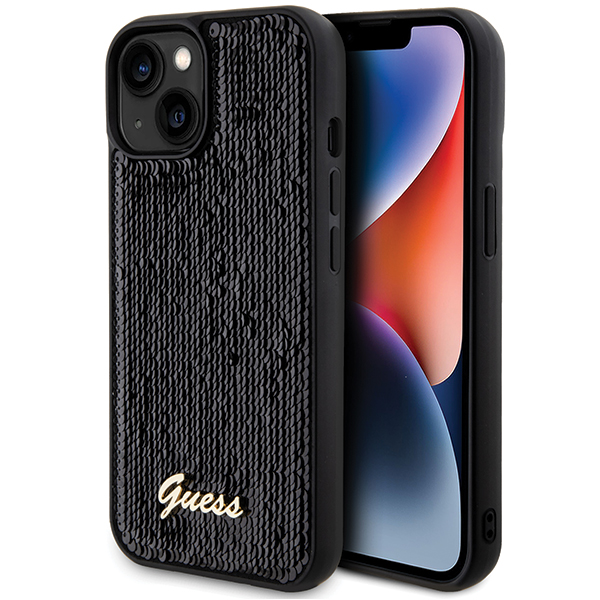 Guess GUHCP14SPSFDGSK Apple iPhone 14 / 15 / 13 6.1″ juodos spalvos kietas dėklas Sequin Script Metal aprašymas - Prekės nuotrauka