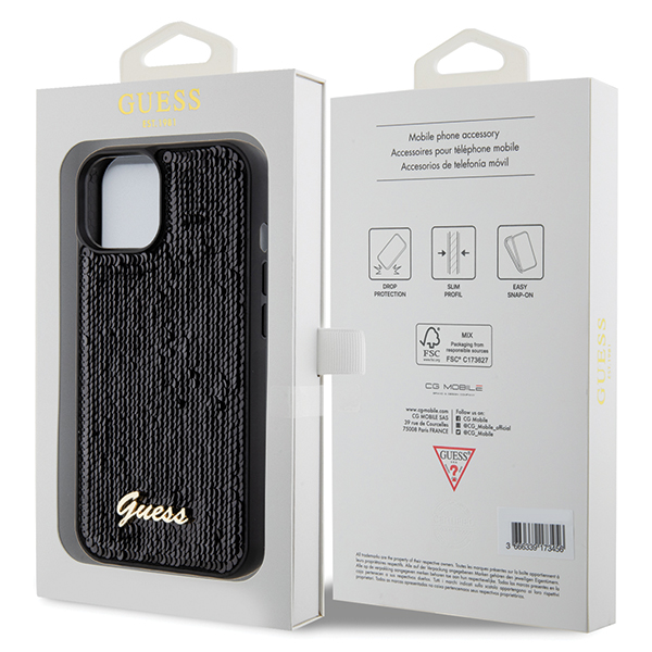 Guess GUHCP14SPSFDGSK Apple iPhone 14 / 15 / 13 6.1″ juodos spalvos kietas dėklas Sequin Script Metal aprašymas - Prekės nuotrauka