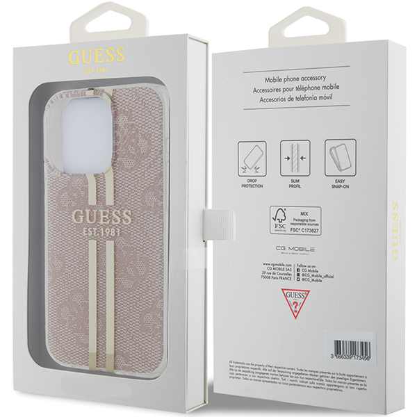 Guess GUHCP14XH4PSEGP Apple iPhone 14 Pro Max 6.7″ rožinės spalvos kietas dėklas IML 4G Gold Stripe aprašymas - Prekės nuotrauka