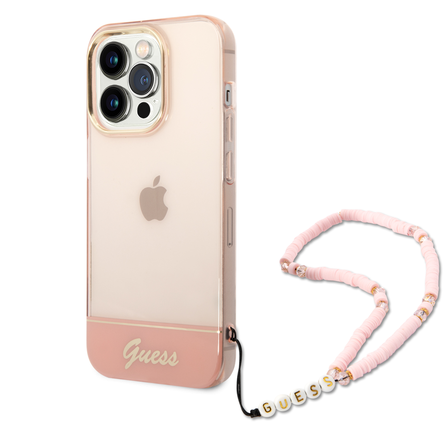 Guess GUHCP14XHGCOHP iPhone 14 Pro Max 6,7″ rožinis kietas dėklas Translucent Pearl Strap aprašymas - Prekės nuotrauka