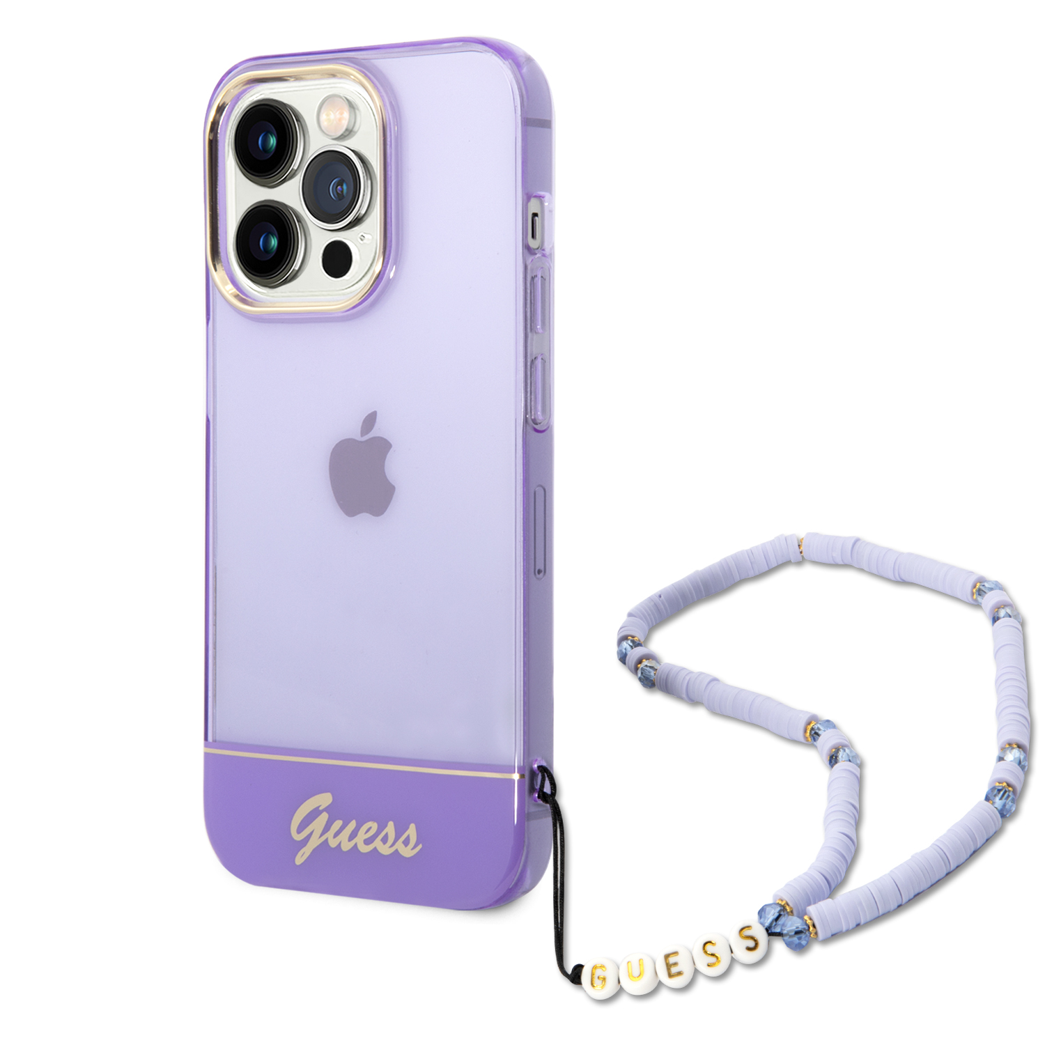 Guess GUHCP14XHGCOHU iPhone 14 Pro Max 6,7″ violetinis kietas dėklas Translucent Pearl Strap aprašymas - Prekės nuotrauka