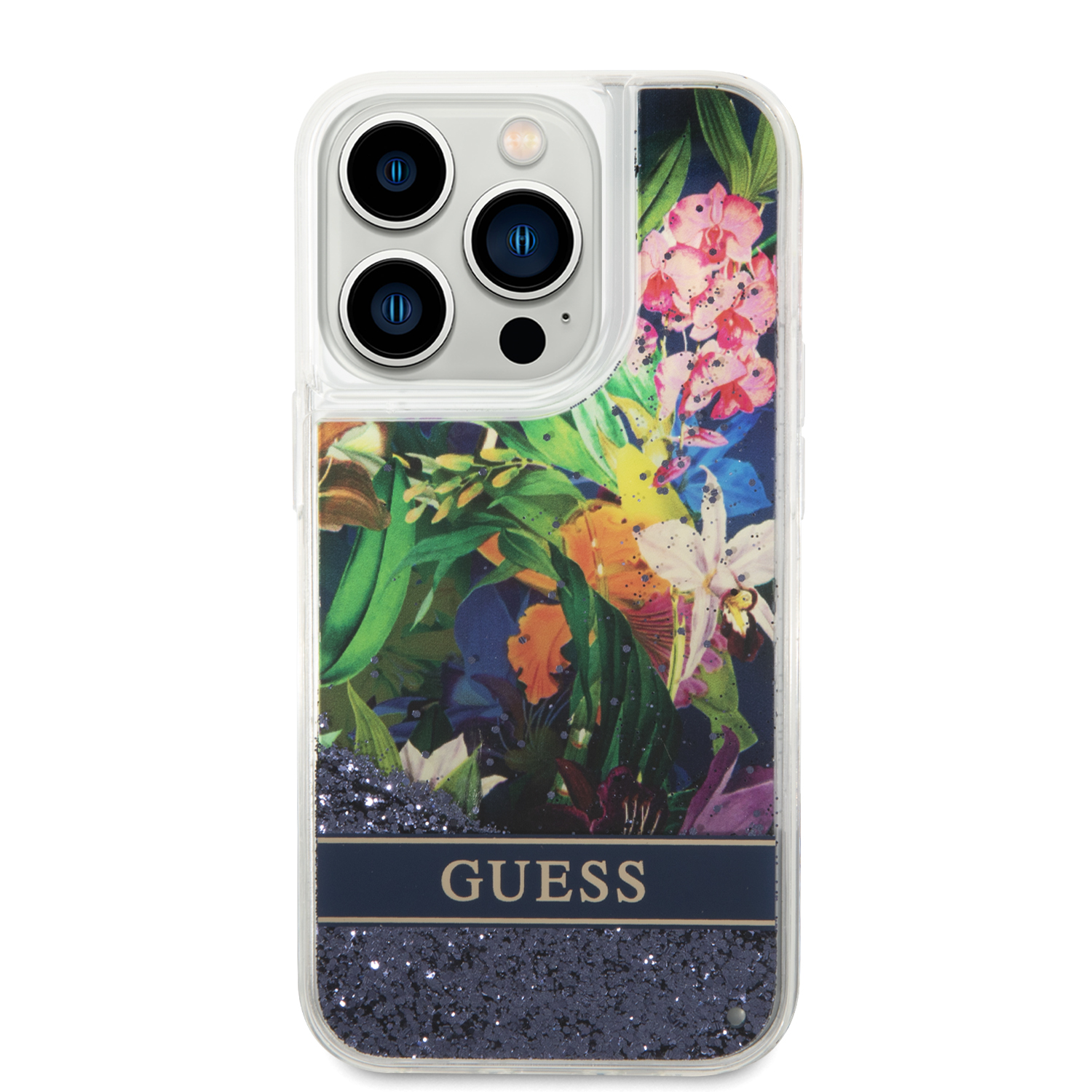 Guess GUHCP14XLFLSB Apple iPhone 14 Pro Max 6,7″ mėlynas kietas dėklas Flower Liquid Glitter aprašymas - Prekės nuotrauka