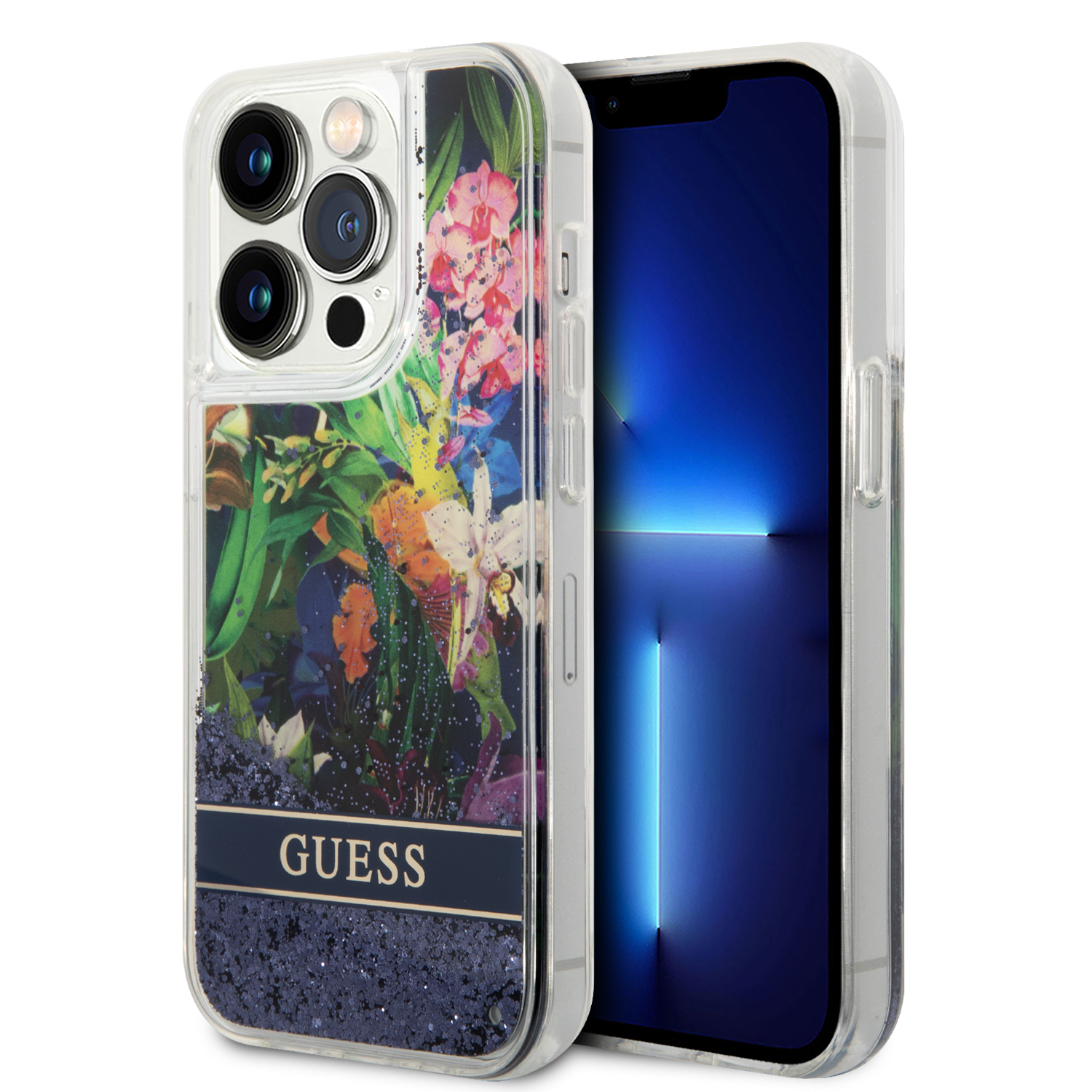 Guess GUHCP14XLFLSB Apple iPhone 14 Pro Max 6,7″ mėlynas kietas dėklas Flower Liquid Glitter aprašymas - Prekės nuotrauka