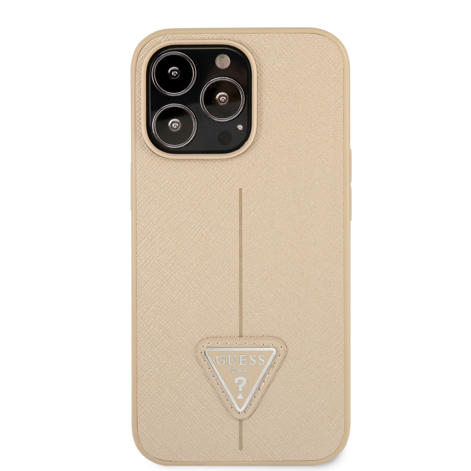 Guess GUHCP14XPSATLE iPhone 14 Pro Max 6,7″ smėlio spalvos kietas dėklas SaffianoTriangle Logo aprašymas - Prekės nuotrauka