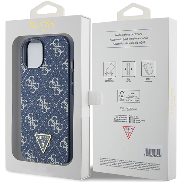 Guess GUHCP15LPG4GPB iPhone 15 Pro 6.1″ mėlynas kietas dėklas 4G Triangle Metal Logo aprašymas - Prekės nuotrauka