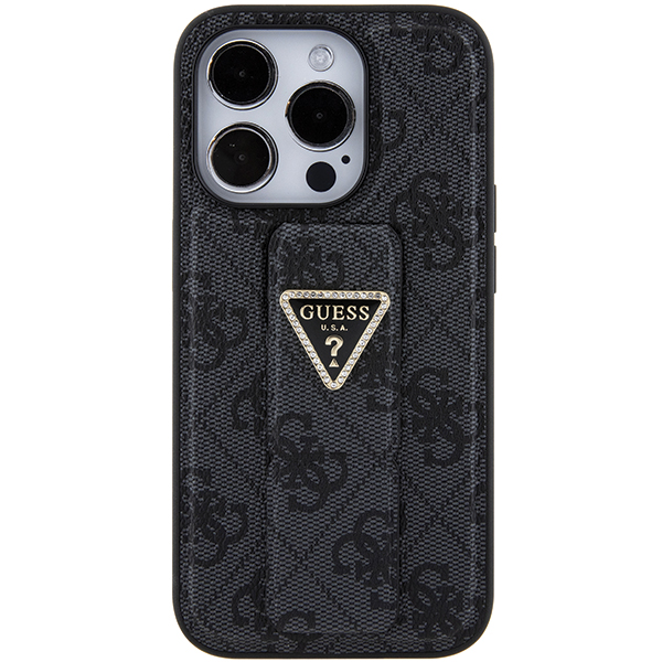 Guess GUHCP15LPGS4TDK Apple iPhone 15 Pro 6.1″ juodos spalvos kietas dėklas Grip Stand 4G Triangle Strass aprašymas - Prekės nuotrauka