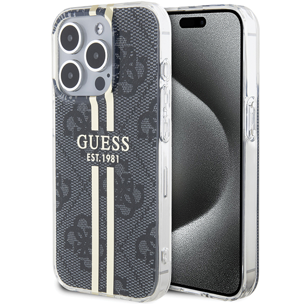 Guess GUHCP15MH4PSEGK Apple iPhone 15 Plus / 14 Plus 6.7″ juodos spalvos kietas dėklas IML 4G Gold Stripe aprašymas - Prekės nuotrauka