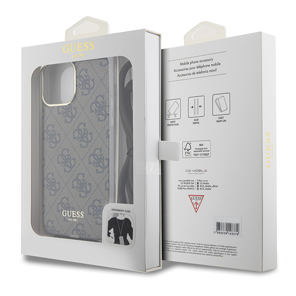Guess GUHCP15SHC4SEW iPhone 15 / 14 / 13 6.1″ rudos spalvos kietas dėklas Crossbody Cord 4G Print aprašymas - Prekės nuotrauka
