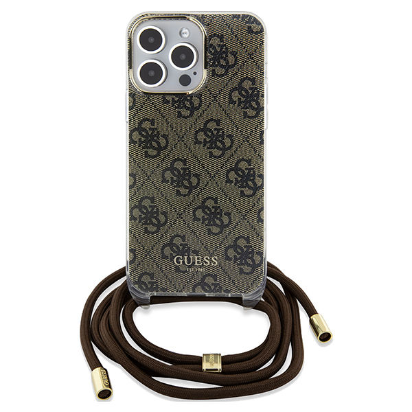 Guess GUHCP15SHC4SEW iPhone 15 / 14 / 13 6.1″ rudos spalvos kietas dėklas Crossbody Cord 4G Print aprašymas - Prekės nuotrauka