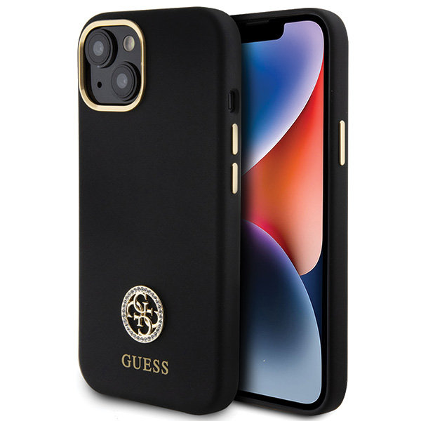 Guess GUHCP15SM4DGPK iPhone 15 / 14 / 13 6.1″ juodos spalvos kietas dėklas Silicone Logo Strass 4G aprašymas - Prekės nuotrauka