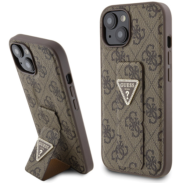 Guess GUHCP15SPGS4TDW Apple iPhone 15 / 14 / 13 6.1″ rudos spalvos kietas dėklas Grip Stand 4G Triangle Strass aprašymas - Prekės nuotrauka