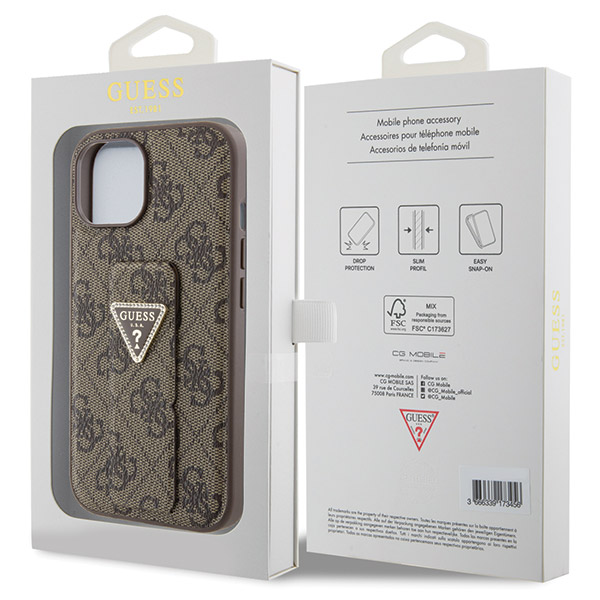 Guess GUHCP15SPGS4TDW Apple iPhone 15 / 14 / 13 6.1″ rudos spalvos kietas dėklas Grip Stand 4G Triangle Strass aprašymas - Prekės nuotrauka
