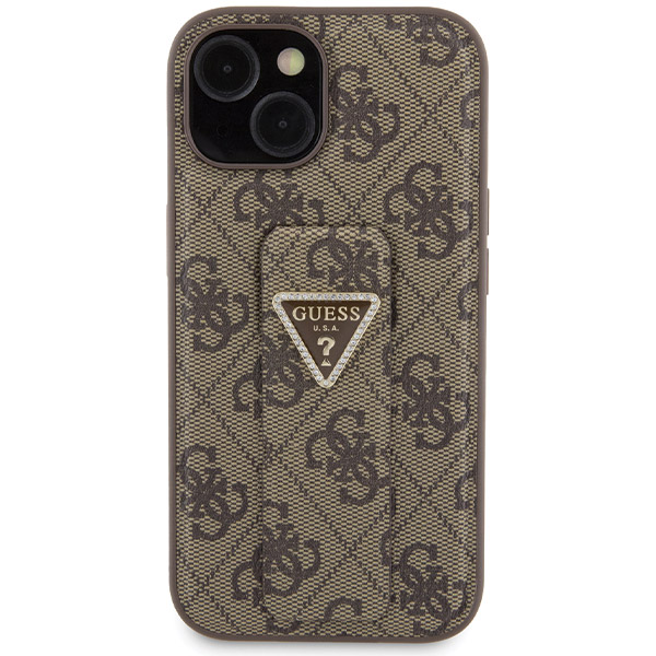 Guess GUHCP15SPGS4TDW Apple iPhone 15 / 14 / 13 6.1″ rudos spalvos kietas dėklas Grip Stand 4G Triangle Strass aprašymas - Prekės nuotrauka