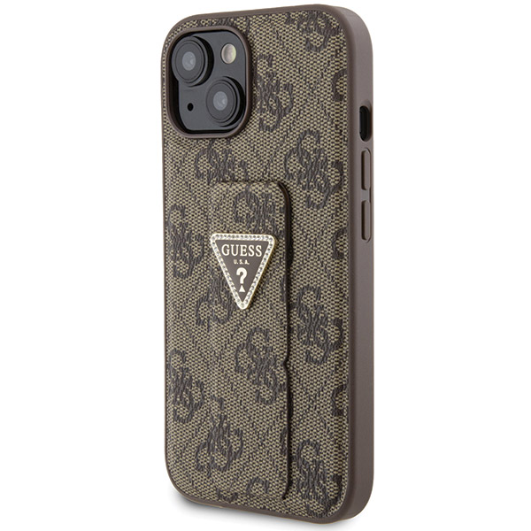 Guess GUHCP15SPGS4TDW Apple iPhone 15 / 14 / 13 6.1″ rudos spalvos kietas dėklas Grip Stand 4G Triangle Strass aprašymas - Prekės nuotrauka