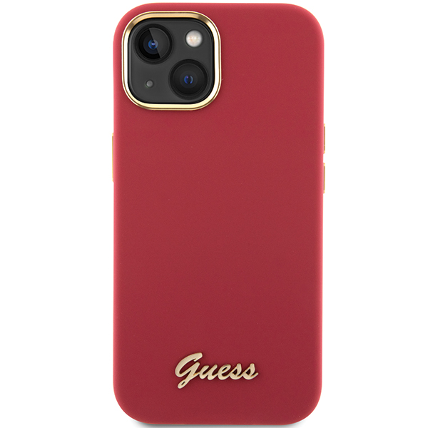 Guess GUHCP15SSMBSLM iPhone 15 / 14 / 13 6.1″ magentinis kietas dėklas Silicone Script Metal Logo & Frame aprašymas - Prekės nuotrauka