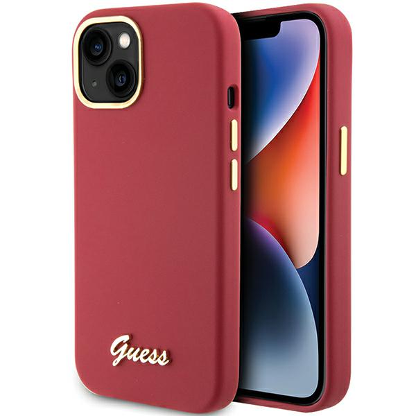 Guess GUHCP15SSMBSLM iPhone 15 / 14 / 13 6.1″ magentinis kietas dėklas Silicone Script Metal Logo & Frame aprašymas - Prekės nuotrauka