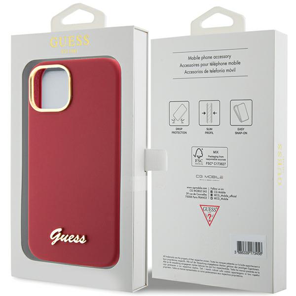 Guess GUHCP15SSMBSLM iPhone 15 / 14 / 13 6.1″ magentinis kietas dėklas Silicone Script Metal Logo & Frame aprašymas - Prekės nuotrauka
